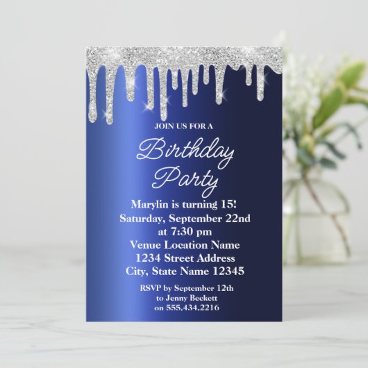 BLUE GLITTER DRIP ELEGANT BIRTHDAY KAART (Staand voorkant)