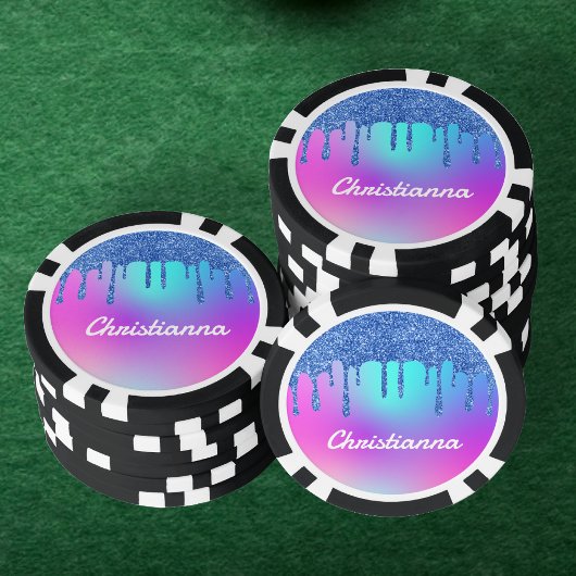 Blue Glitter Drip Fluorescerend Neon Roze & Paarse Poker Chips
