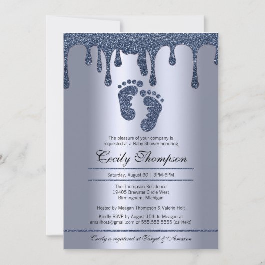 Blue Glitter Drip Luxury Metallic Baby Feet Shower Kaart (Voorkant)