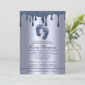 Blue Glitter Drip Luxury Metallic Baby Feet Shower Kaart (Staand voorkant)