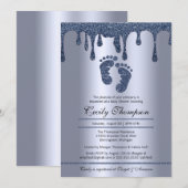 Blue Glitter Drip Luxury Metallic Baby Feet Shower Kaart (Voorkant / Achterkant)
