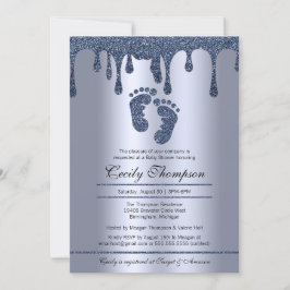 Blue Glitter Drip Luxury Metallic Baby Feet Shower Kaart
