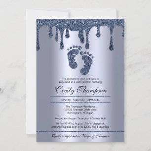 Blue Glitter Drip Luxury Metallic Baby Feet Shower Kaart