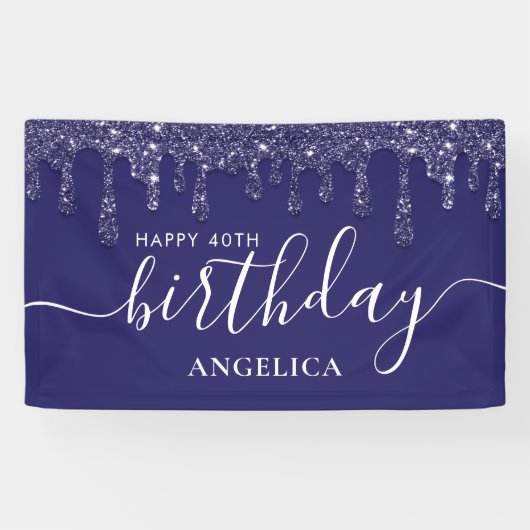 Blue Glitter Dripping Custom Happy 40th Birthday Spandoek (Horizontaal)