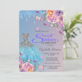 Blue Glitter Drips, Blue Dress Flowers Sweet 16 Kaart (Staand voorkant)