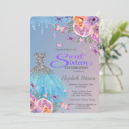 Blue Glitter Drips, Blue Dress Flowers Sweet 16 Kaart (Staand voorkant)