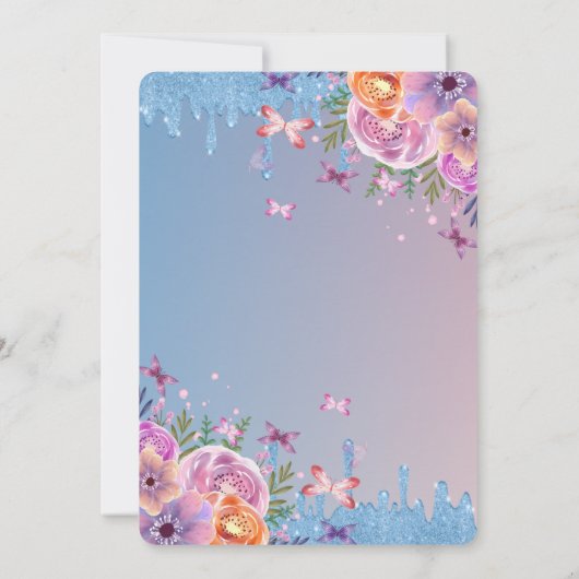 Blue Glitter Drips, Blue Dress Flowers Sweet 16 Kaart (Achterkant)