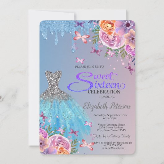 Blue Glitter Drips, Blue Dress Flowers Sweet 16 Kaart (Voorkant)