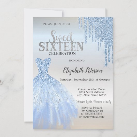 Blue Glitter Drips, Blue Dress Silver Sweet 16 Kaart (Voorkant)