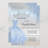 Blue Glitter Drips, Blue Dress Silver Sweet 16 Kaart (Voorkant / Achterkant)