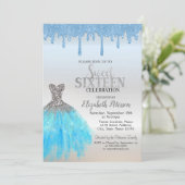 Blue Glitter Drips, Blue Dress Silver Sweet 16 Kaart (Staand voorkant)