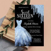 Blue Glitter Drips, Blue Dress Zwart Sweet 16 Kaart