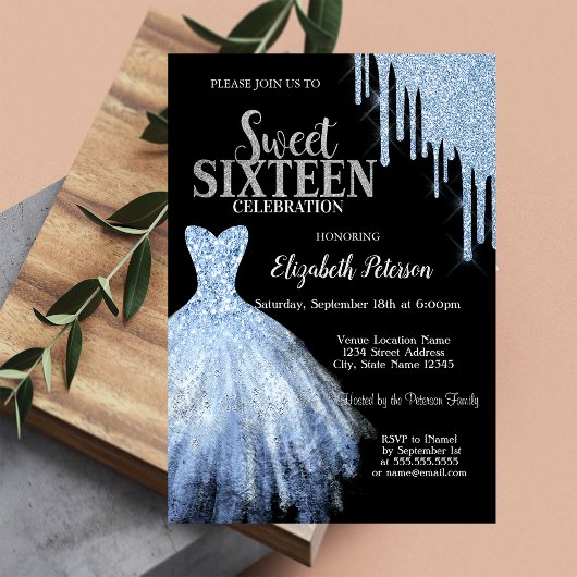 Blue Glitter Drips, Blue Dress Zwart Sweet 16 Kaart