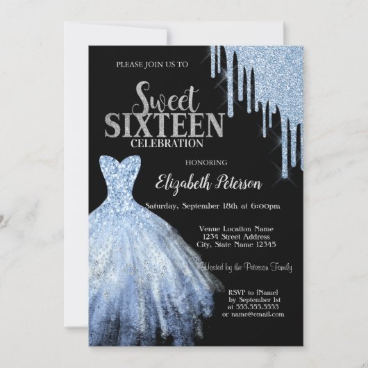 Blue Glitter Drips, Blue Dress Zwart Sweet 16 Kaart (Voorkant)