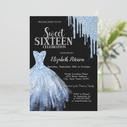 Blue Glitter Drips, Blue Dress Zwart Sweet 16 Kaart (Staand voorkant)