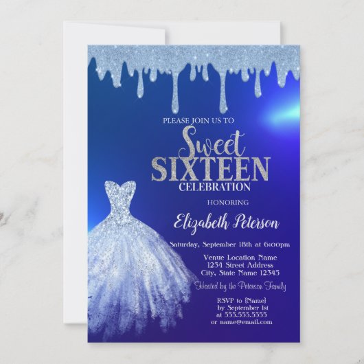 Blue Glitter Drips, Dress Blue Sweet 16 Kaart (Voorkant)