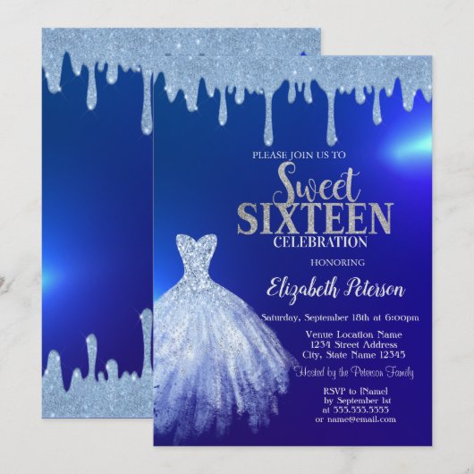 Blue Glitter Drips, Dress Blue Sweet 16 Kaart (Voorkant / Achterkant)