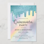 Blue Glitter Drips Rainbow Holographic Quinceañera Kaart (Voorkant)