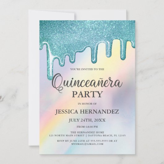 Blue Glitter Drips Rainbow Holographic Quinceañera Kaart (Voorkant)