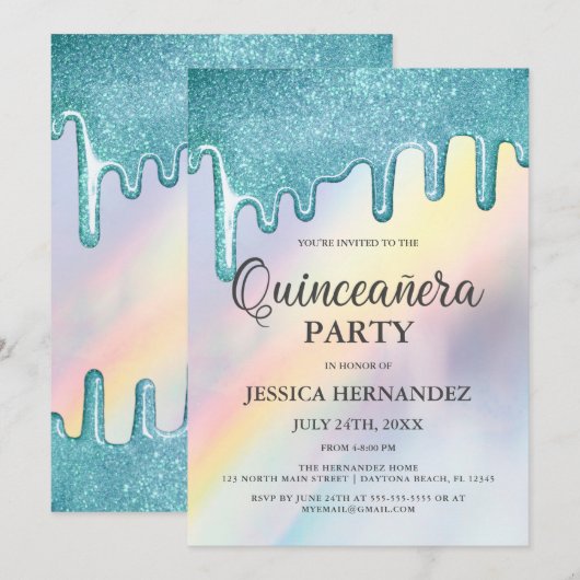 Blue Glitter Drips Rainbow Holographic Quinceañera Kaart (Voorkant / Achterkant)