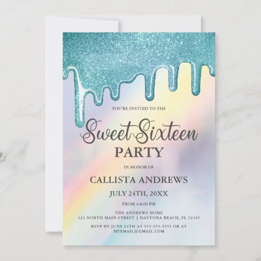 Blue Glitter Drips Rainbow Holographic Sweet 16 Kaart (Voorkant)