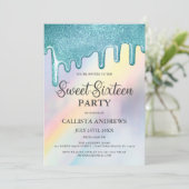 Blue Glitter Drips Rainbow Holographic Sweet 16 Kaart (Staand voorkant)