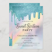 Blue Glitter Drips Rainbow Holographic Sweet 16 Kaart (Voorkant / Achterkant)