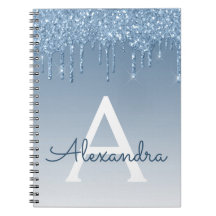 Blue Glitter Drips Sparkle Monogram Notitieboek