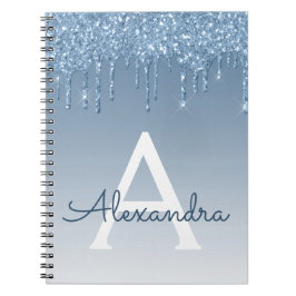 Blue Glitter Drips Sparkle Monogram Notitieboek