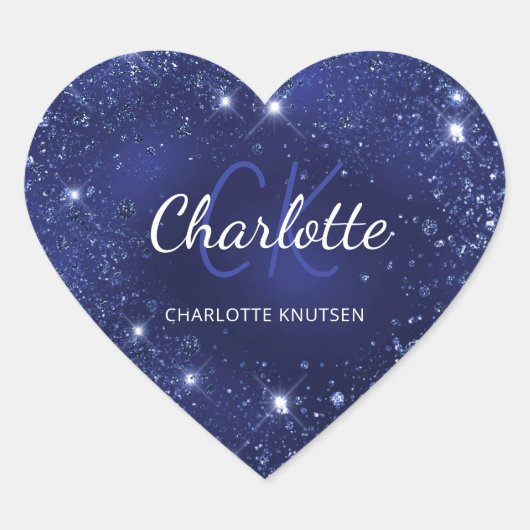 Blue glitter dust monogram name hart sticker (Voorkant)