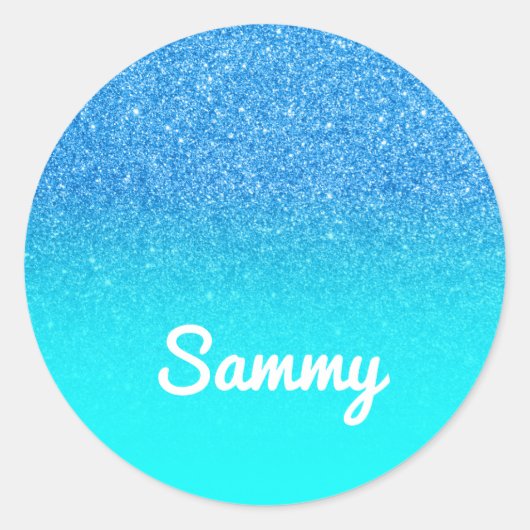 Blue Glitter en Aqua Ombre Personalized Ronde Sticker (Voorkant)