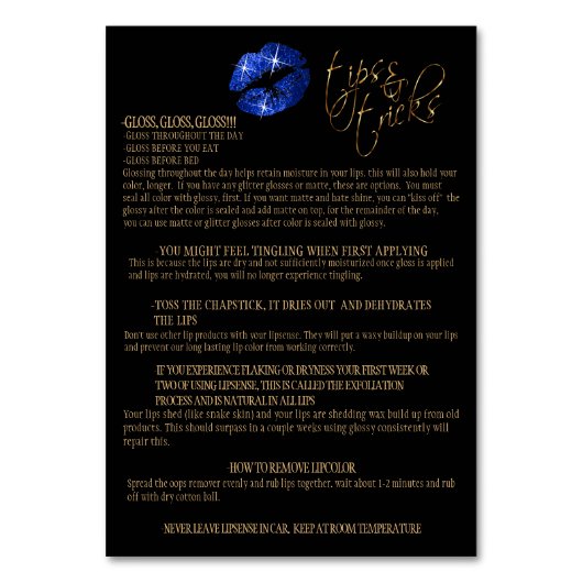 Blue Glitter en Gold Confetti Lip Instructies Kaart (Achterkant)