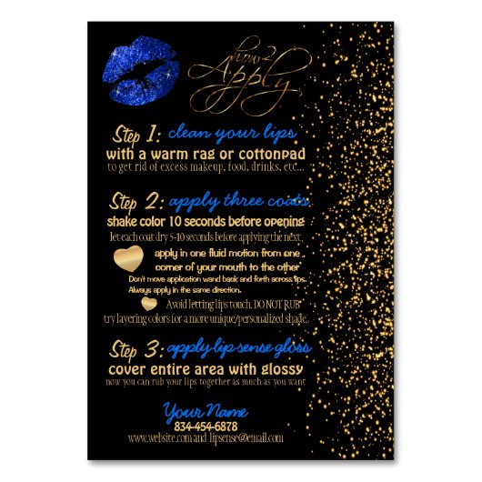 Blue Glitter en Gold Confetti Lip Instructies Kaart (Voorkant)