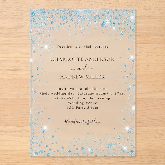 Blue glitter evening clear wedding  acryl uitnodigingen (Voorkant)
