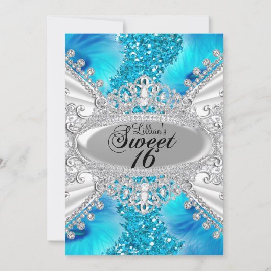 Blue Glitter & Feather Sweet 16 Invite Kaart (Voorkant)