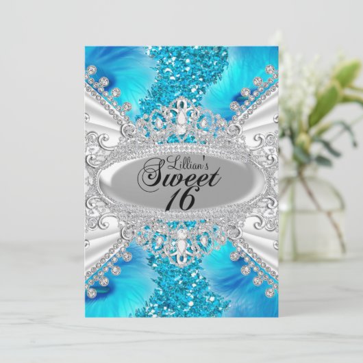 Blue Glitter & Feather Sweet 16 Invite Kaart (Staand voorkant)