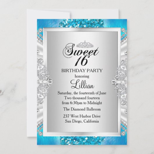 Blue Glitter & Feather Sweet 16 Invite Kaart (Achterkant)