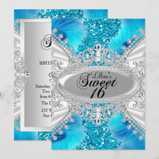Blue Glitter & Feather Sweet 16 Invite Kaart (Voorkant / Achterkant)