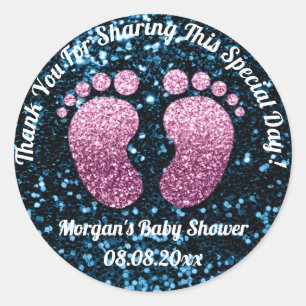 Blue Glitter Feet Baby shower Favor Bedankt Ronde Sticker