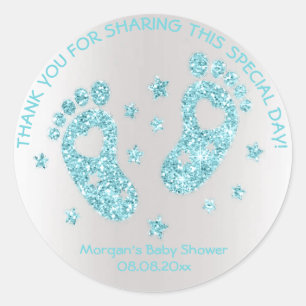 Blue Glitter Feet Baby shower Favor Dank Ronde Sticker