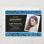 Blue Glitter Foto Quinceanera Uitnodiging (Voorkant)