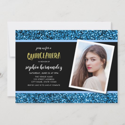 Blue Glitter Foto Quinceanera Uitnodiging (Voorkant)