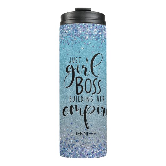 Blue Glitter Girl Boss Name Building Empire Thermosbeker (Voorkant)