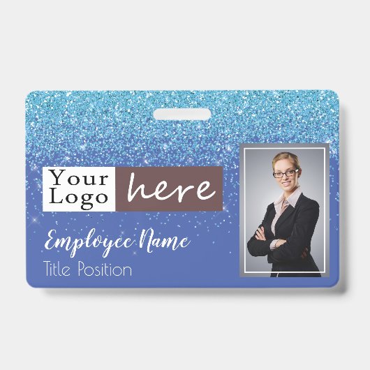 Blue Glitter Girly One Photo Employee Name Badge (Voorzijde)
