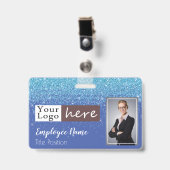 Blue Glitter Girly One Photo Employee Name Badge (Voorzijde met clip)