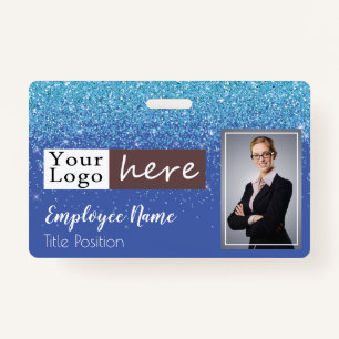 Blue Glitter Girly One Photo Employee Name Badge