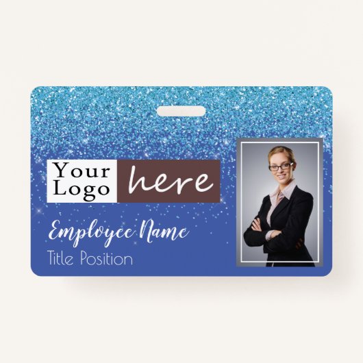 Blue Glitter Girly One Photo Employee Name Badge (Voorkant)