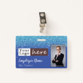Blue Glitter Girly One Photo Employee Name Badge (Voorkant met clip)