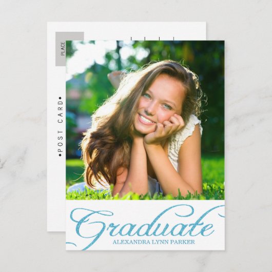 Blue Glitter Graduation Party Uitnodiging Briefkaa (Voorkant / Achterkant)