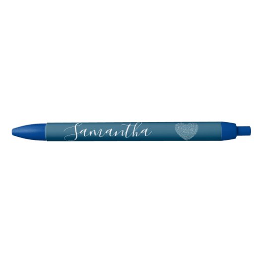 Blue Glitter Heart Persoonlijke naam Zwarte Inkt Pen (Voorkant)